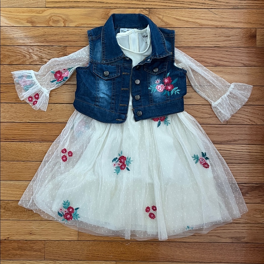 Rare Editions Cream Dress with Red Floral Embroidery